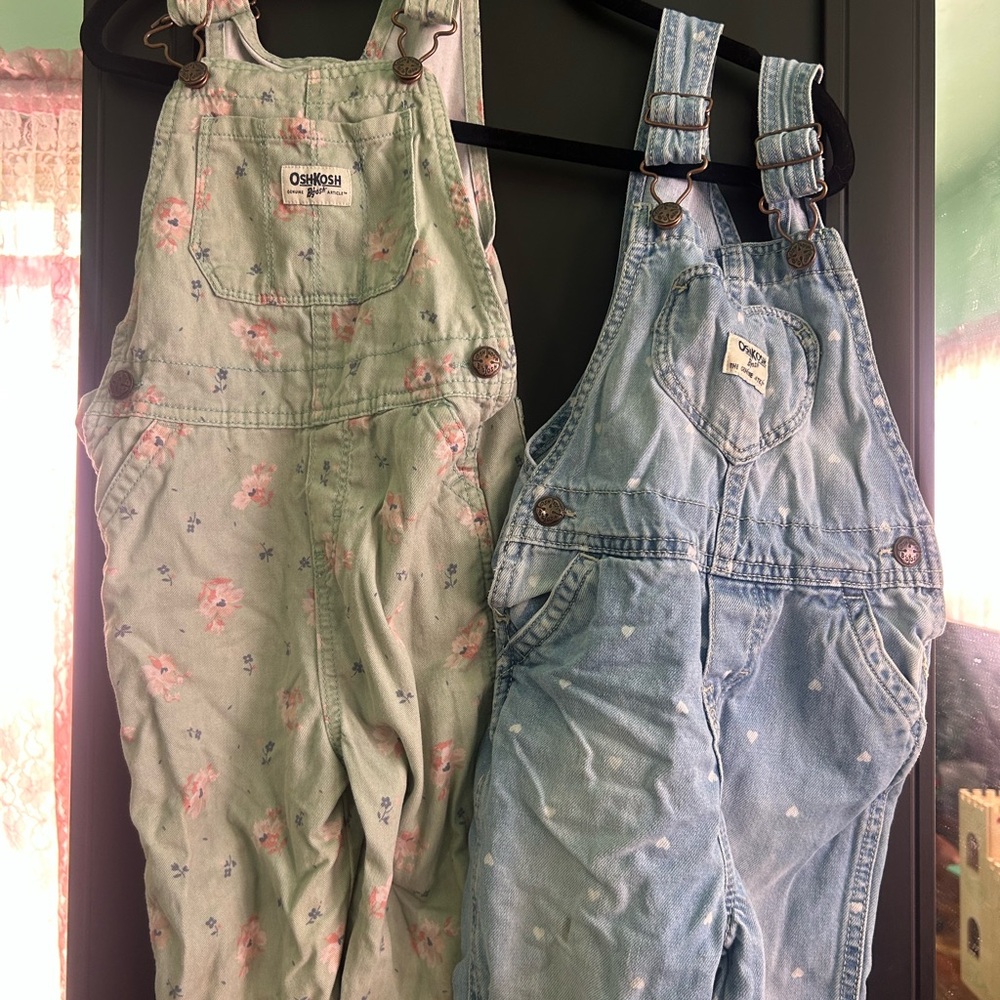 OshKosh B'gosh Kids Floral Green and Blue Denim heart Overalls size 4t